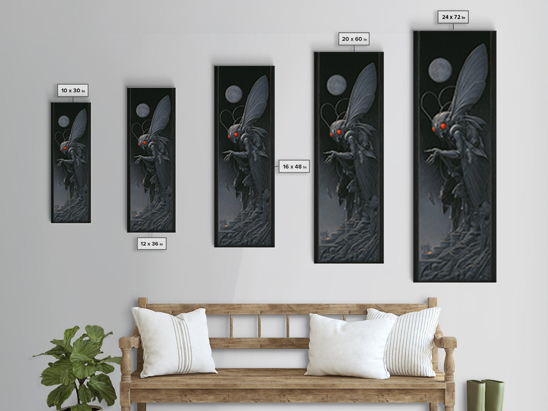 The Red-Eyed Moth Creature, Biomechanical Horror Art, Tall Narrow Wall Art, Macabre Wall Art, Canvas Print, Halloween Wall Art
