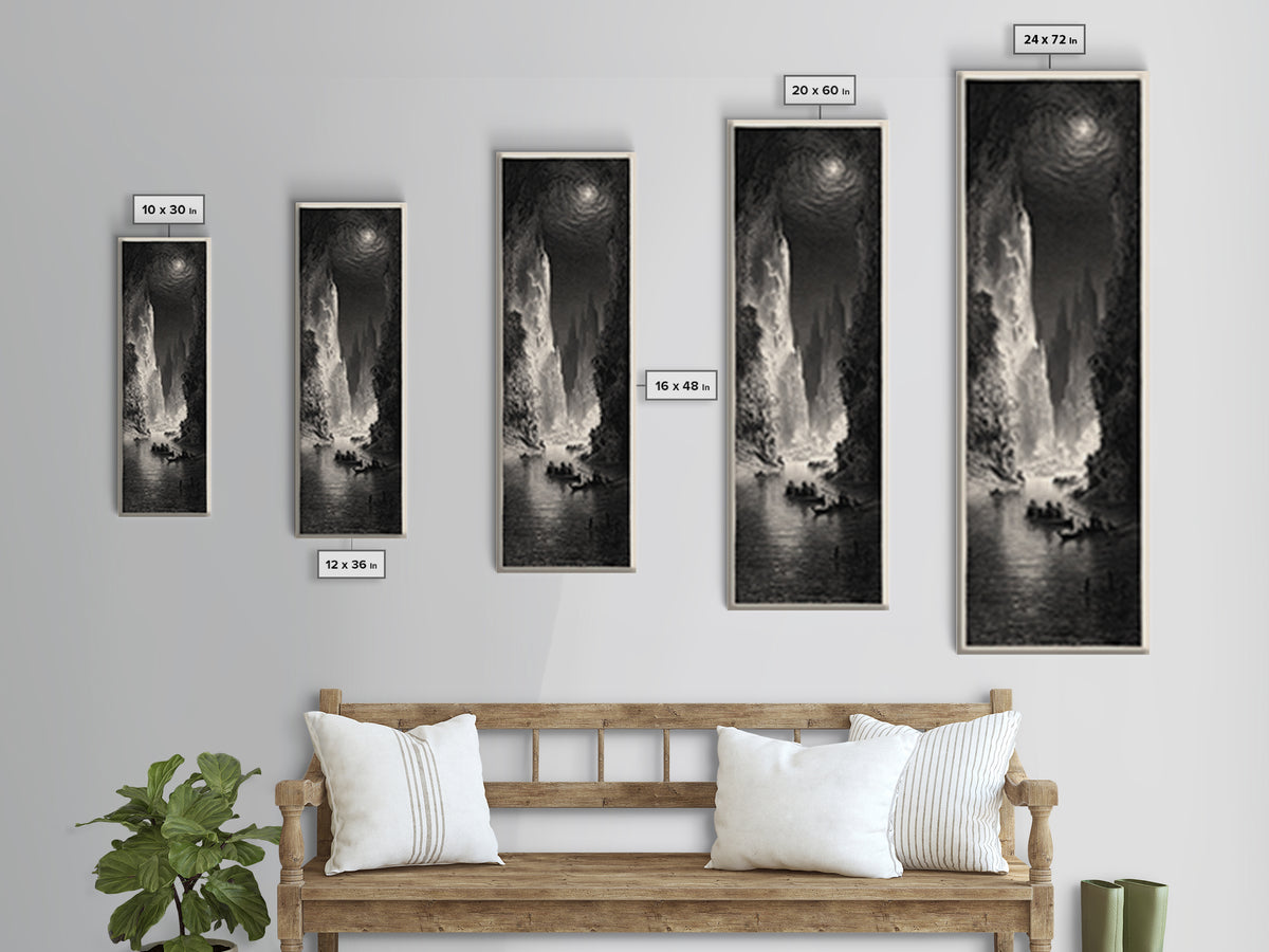 The Lake Phantom, Gothic Engraving Art, Tall Narrow Wall Art, Dark Fantasy Wall Art, Framed Canvas Print, Halloween Wall Art