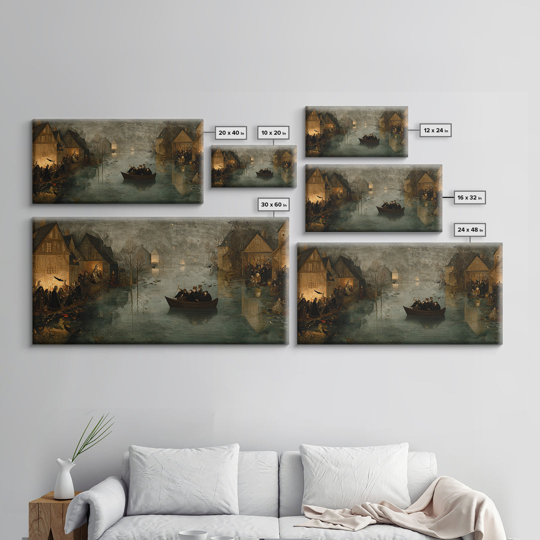 The Lake Phantom, Northern Renaissance Horror, Wide Panoramic Art, Dark Fantasy Wall Art, Framed Canvas Print, Halloween Wall Art