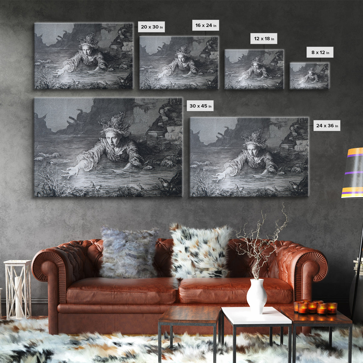 The Lake Phantom, Renaissance Engraving Art, Landscape Wall Art, Macabre Wall Art, Canvas Print, Halloween Wall Art, Halloween Decor
