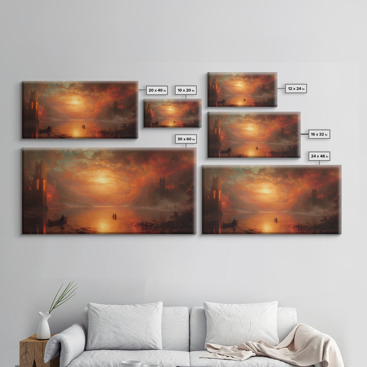 The Lake Phantom, Apocalyptic Romantic Art, Wide Panoramic Art, Gothic Horror Wall Art, Framed Canvas Print, Halloween Wall Art