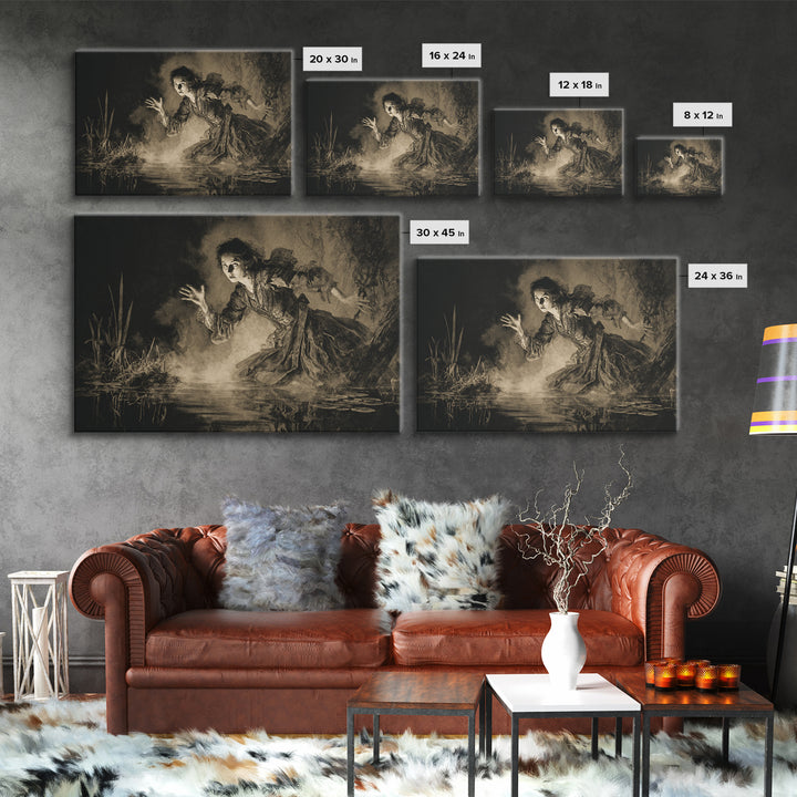 The Lake Phantom, Decadent Gothic Art, Landscape Wall Art, Dark Halloween Decor, Framed Canvas Print, Halloween Wall Art