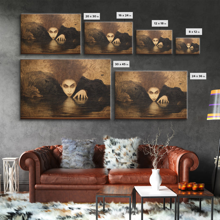The Lake Phantom, Dark Symbolist Art, Landscape Wall Art, Gothic Horror Wall Art, Framed Canvas Print, Halloween Wall Art