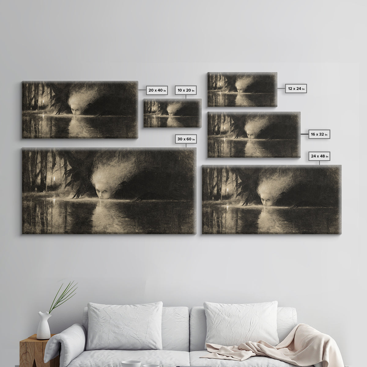 The Lake Phantom, Expressionist Nightmare Art, Wide Panoramic Art, Macabre Wall Art, Canvas Print, Halloween Wall Art, Halloween Decor