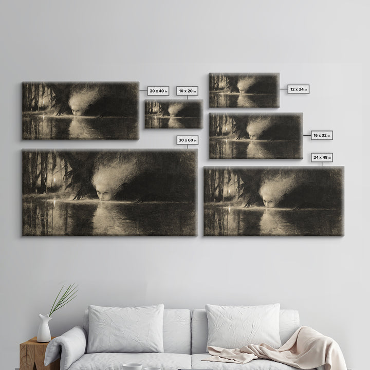 The Lake Phantom, Expressionist Nightmare Art, Wide Panoramic Art, Macabre Wall Art, Canvas Print, Halloween Wall Art, Halloween Decor