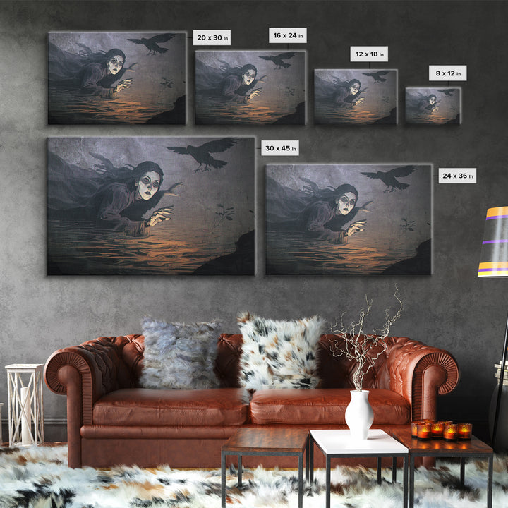 The Lake Phantom, Expressionist Gothic Art, Landscape Wall Art, Macabre Wall Art, Framed Canvas Print, Halloween Wall Art, Horror Wall Art