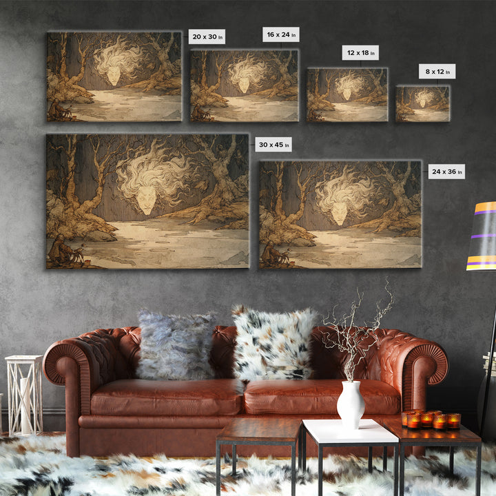 The Lake Phantom, Gothic Storybook Art, Landscape Wall Art, Dark Halloween Decor, Framed Canvas Print, Halloween Wall Art
