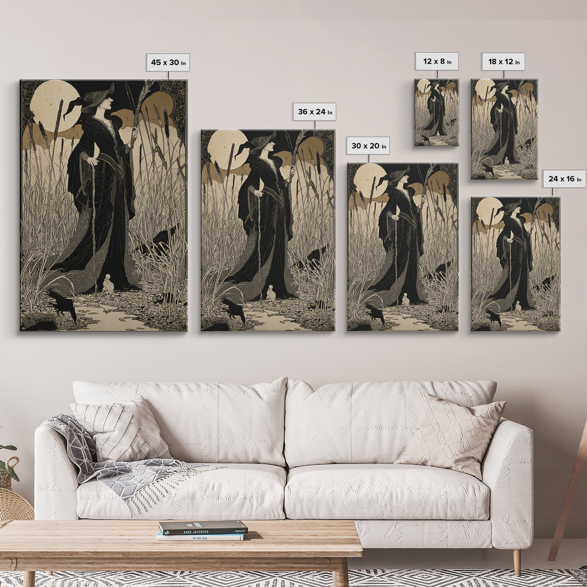 The Salt-Marsh Witch, Decadent Line Art, Vertical Wall Art, Dark Halloween Decor, Framed Canvas Print, Halloween Wall Art