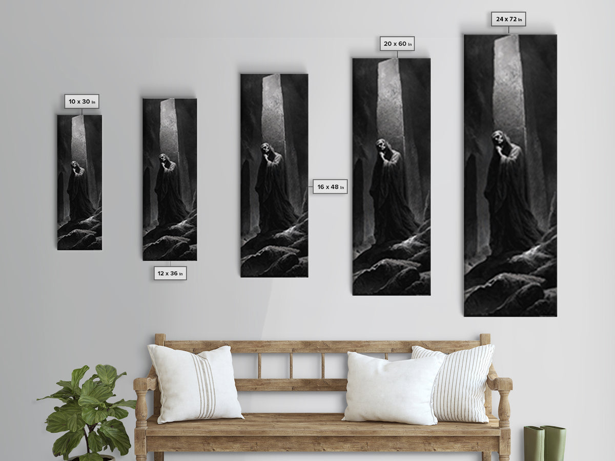 The Stone-Circle Spirit, Gothic Engraving Art, Tall Narrow Wall Art, Macabre Wall Art, Framed Canvas Print, Halloween Wall Art