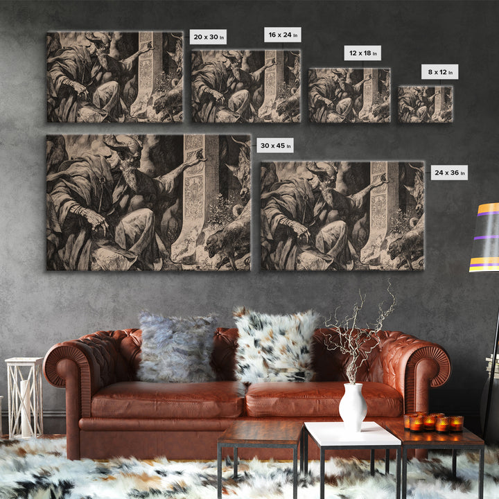 The Stone-Circle Spirit, Renaissance Engraving Art, Landscape Wall Art, Macabre Wall Art, Canvas Print, Halloween Wall Art