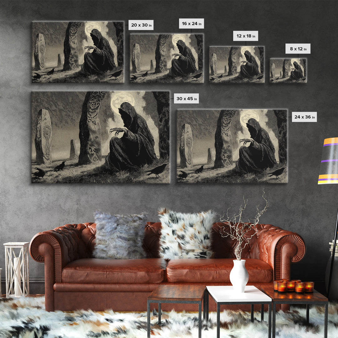 The Stone-Circle Spirit, Expressionist Nightmare Art, Landscape Wall Art, Macabre Wall Art, Framed Canvas Print, Halloween Wall Art