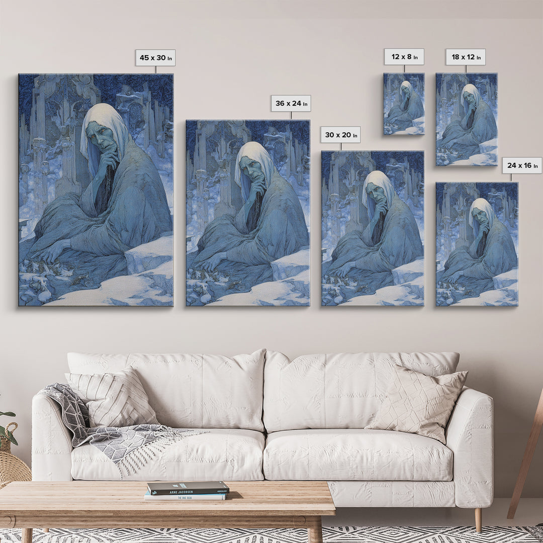 The Cave Oracle, Symbolist Death Art, Vertical Wall Art, Dark Fantasy Wall Art, Framed Canvas Print, Halloween Wall Art