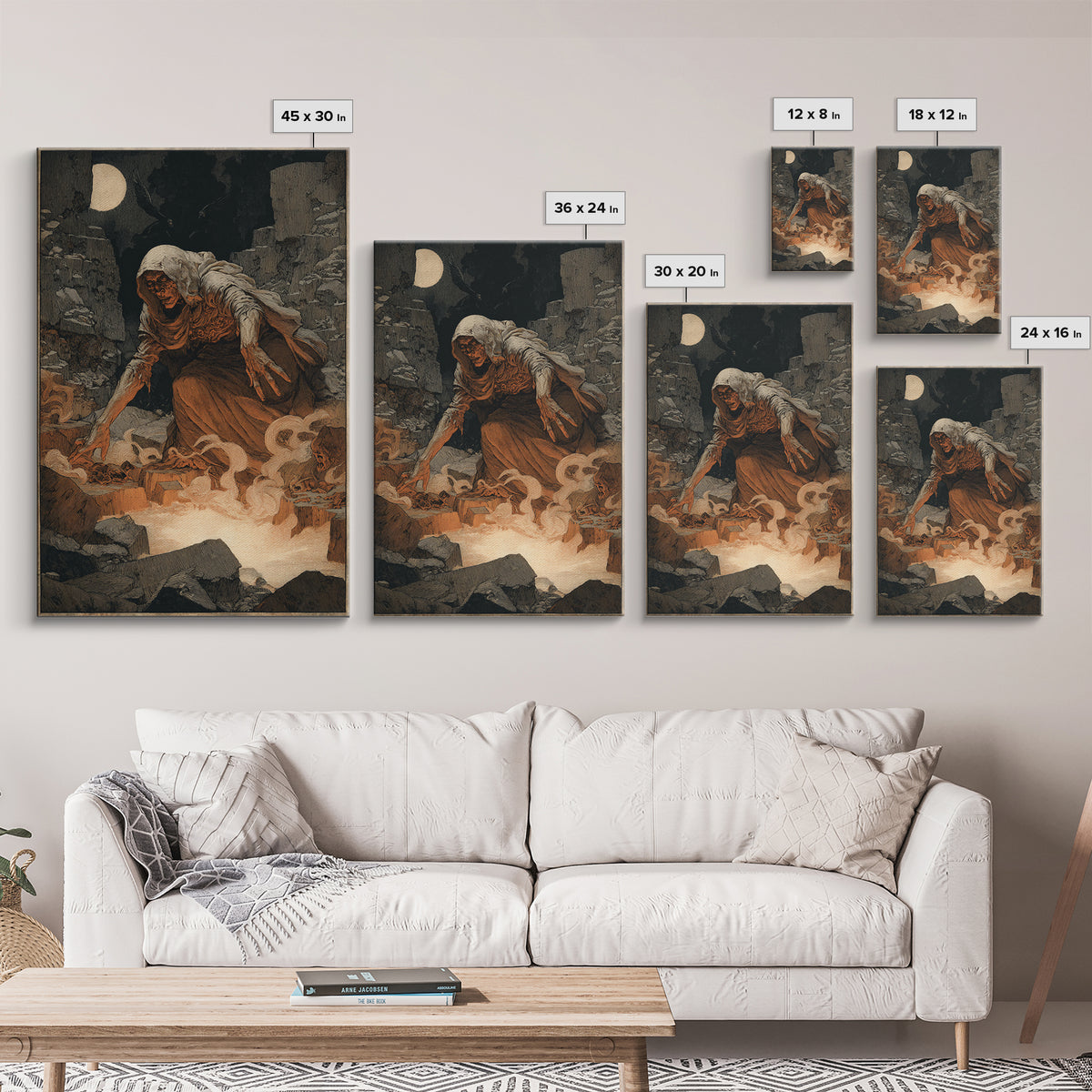 The Cave Oracle, Symbolist Etching Art, Vertical Wall Art, Dark Halloween Decor, Framed Canvas Print, Halloween Wall Art