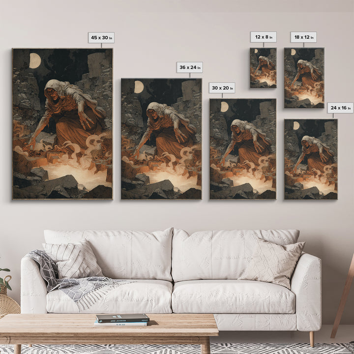 The Cave Oracle, Symbolist Etching Art, Vertical Wall Art, Dark Halloween Decor, Framed Canvas Print, Halloween Wall Art