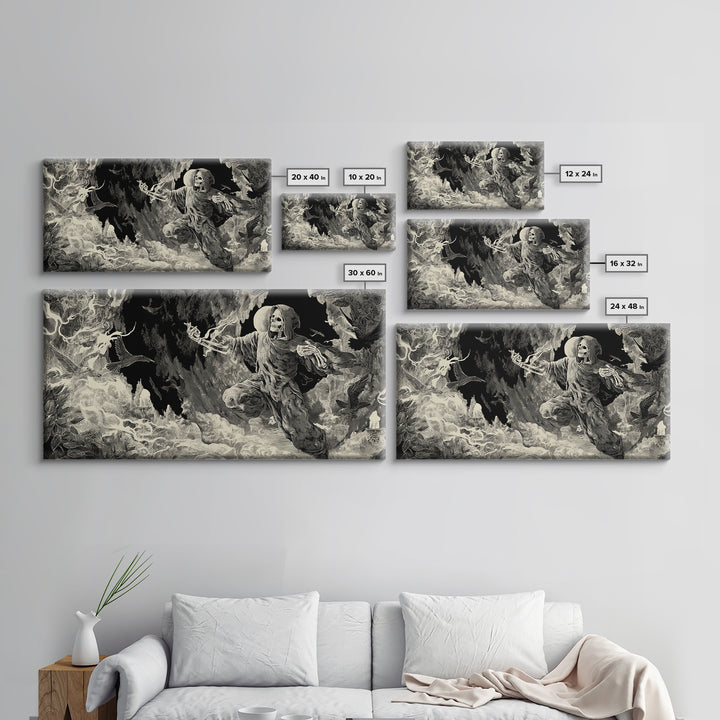 The Cave Oracle, Macabre Folk Print Art, Wide Panoramic Art, Dark Fantasy Wall Art, Framed Canvas Print, Halloween Wall Art