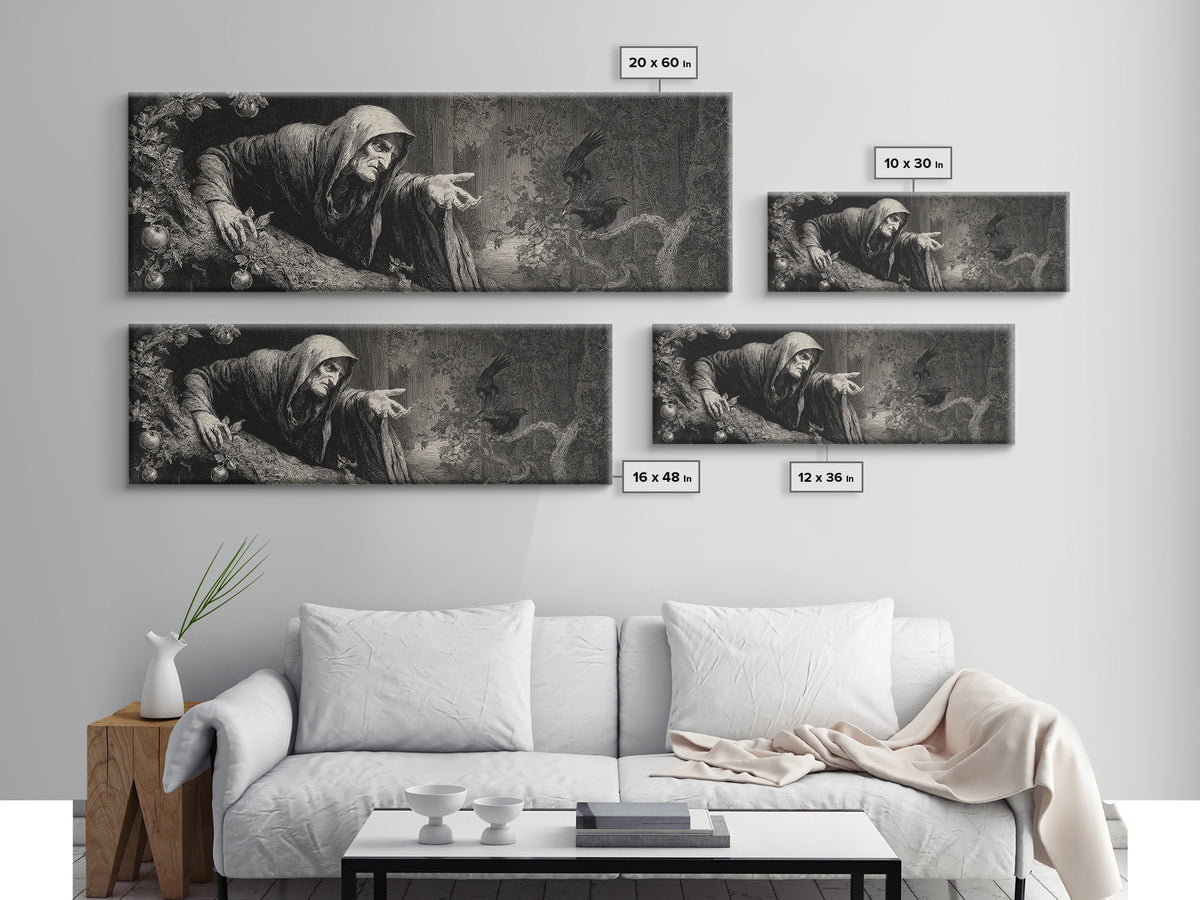 The Orchard Hag, Gothic Engraving Art, Extra Wide Wall Art, Gothic Horror Wall Art, Framed Canvas Print, Halloween Wall Art