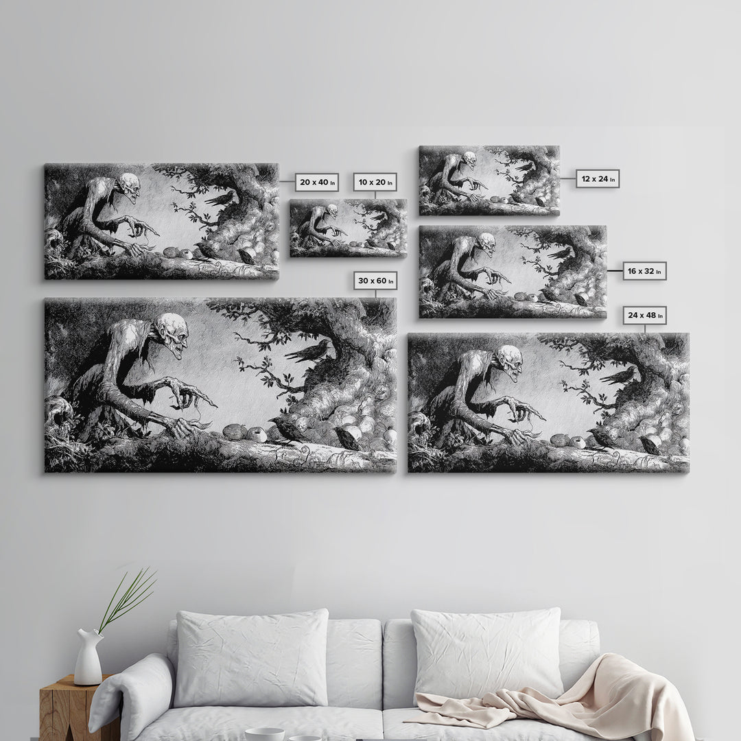 The Orchard Hag, Expressionist Nightmare Art, Wide Panoramic Art, Dark Halloween Decor, Canvas Print, Halloween Wall Art