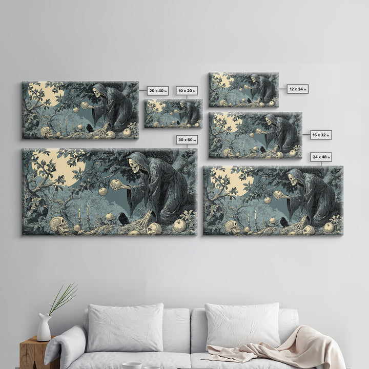 The Orchard Hag, Macabre Folk Print Art, Wide Panoramic Art, Macabre Wall Art, Canvas Print, Halloween Wall Art