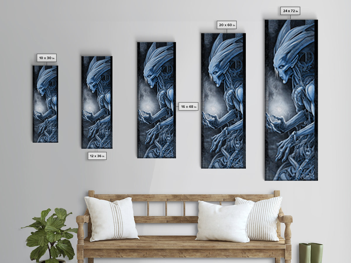 The Frost Goblin, Biomechanical Horror Art, Tall Narrow Wall Art, Dark Halloween Decor, Canvas Print, Halloween Wall Art, Horror Wall Art