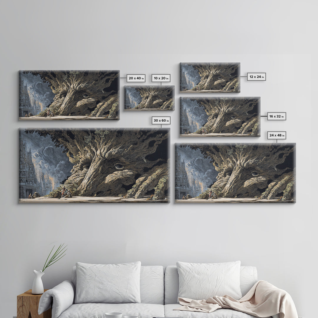 The Hollow-Tree Monster, Apocalyptic Romantic Art, Wide Panoramic Art, Dark Fantasy Wall Art, Framed Canvas Print, Halloween Wall Art