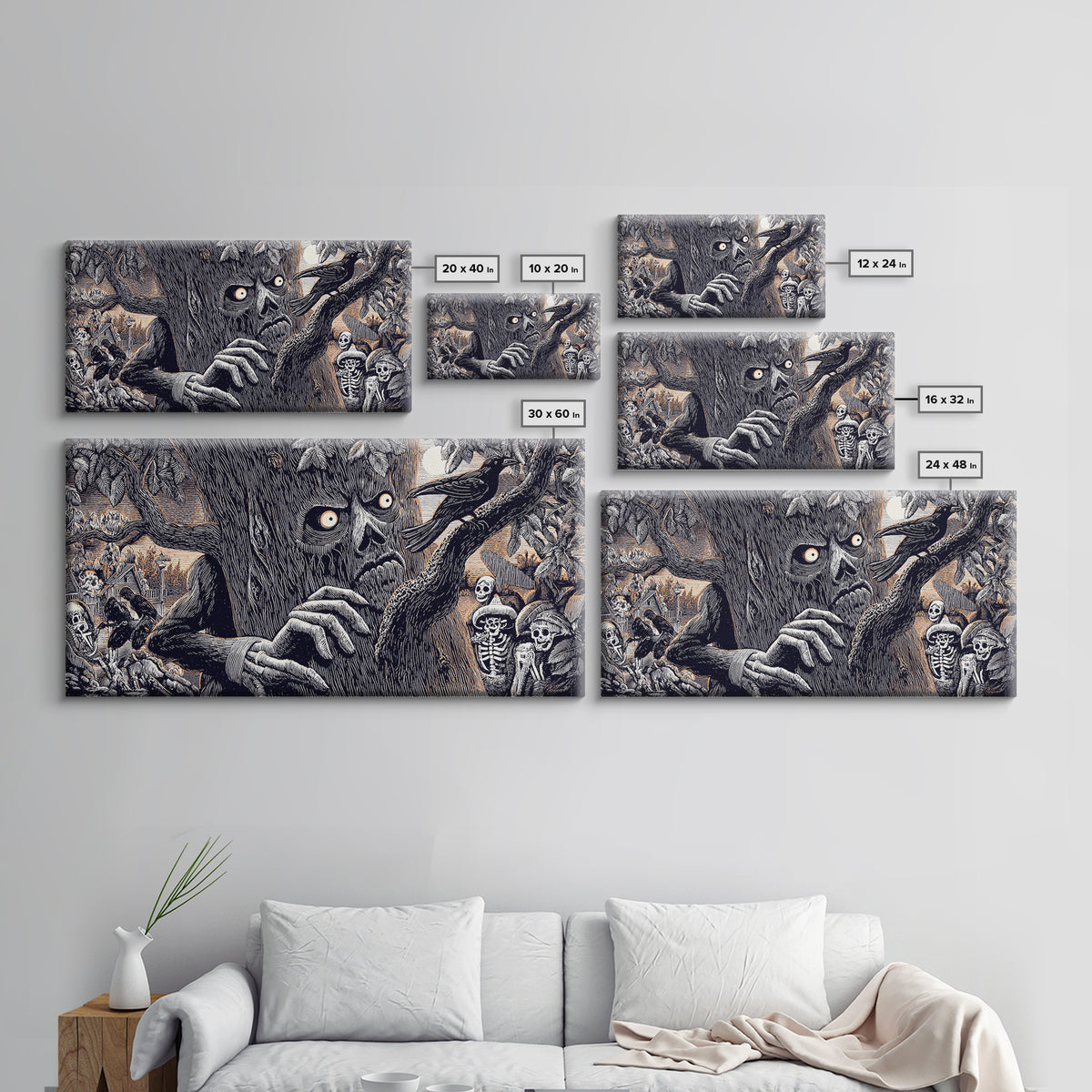 The Hollow-Tree Monster, Macabre Folk Print Art, Wide Panoramic Art, Macabre Wall Art, Framed Canvas Print, Halloween Wall Art