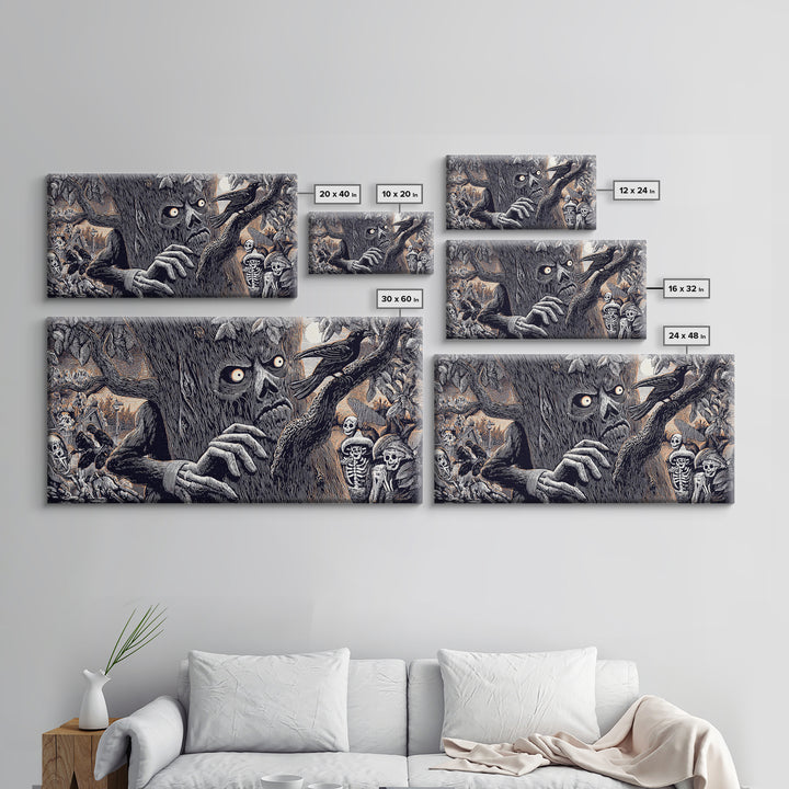 The Hollow-Tree Monster, Macabre Folk Print Art, Wide Panoramic Art, Macabre Wall Art, Framed Canvas Print, Halloween Wall Art