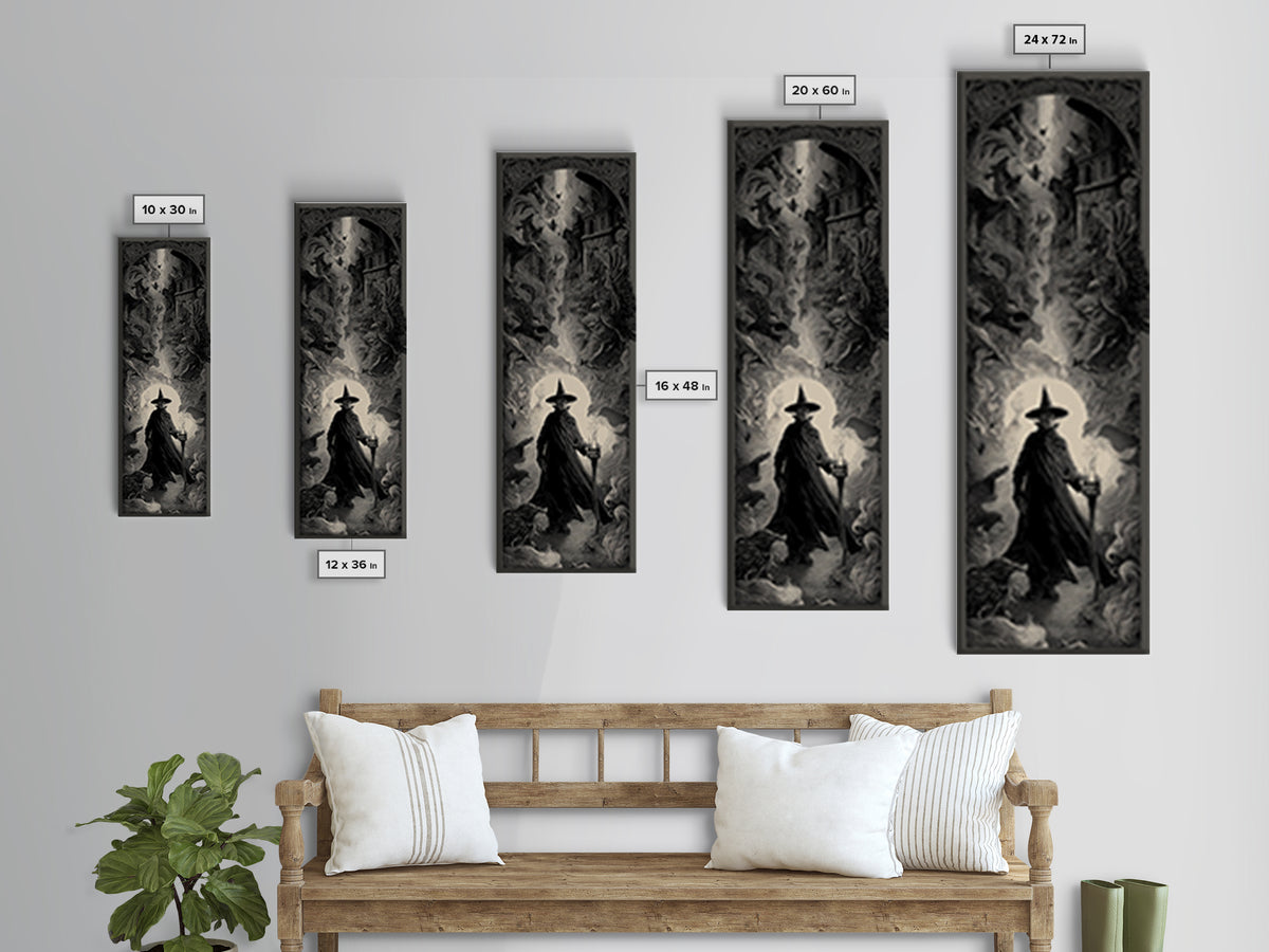 The Crossroads Spirit, Gothic Engraving Art, Tall Narrow Wall Art, Dark Halloween Decor, Framed Canvas Print, Halloween Wall Art