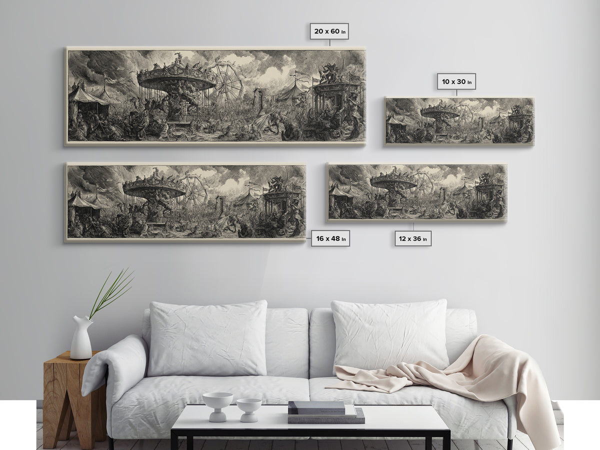 The Abandoned Carnival, Renaissance Engraving Art, Extra Wide Wall Art, Dark Fantasy Wall Art, Canvas Print, Halloween Wall Art