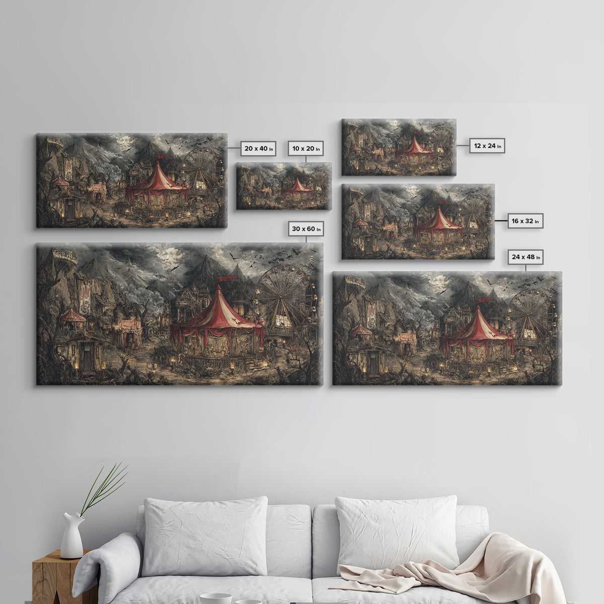 The Abandoned Carnival, Baroque Witchcraft Art, Wide Panoramic Art, Dark Fantasy Wall Art, Framed Canvas Print, Halloween Wall Art