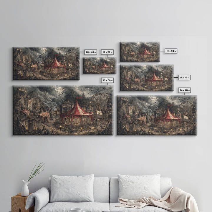 The Abandoned Carnival, Baroque Witchcraft Art, Wide Panoramic Art, Dark Fantasy Wall Art, Framed Canvas Print, Halloween Wall Art