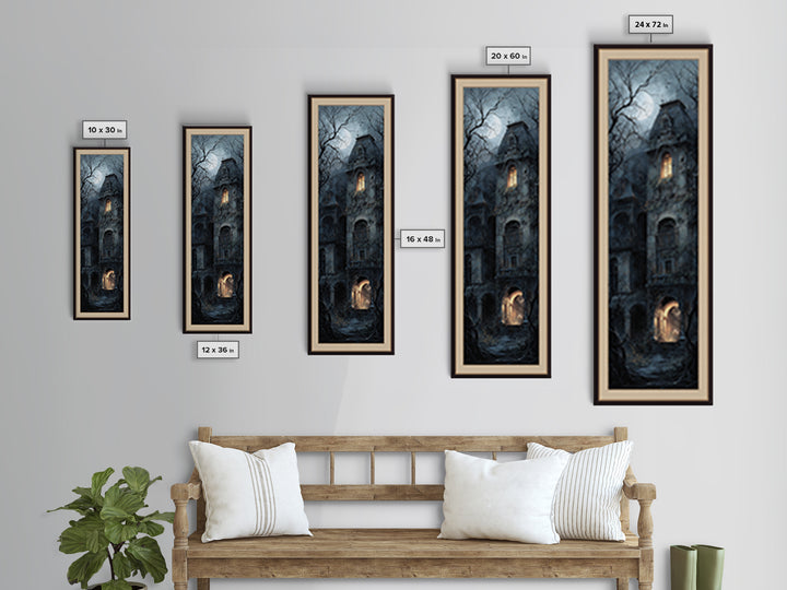 The Haunted Manor, Gothic Engraving Art, Tall Narrow Wall Art, Macabre Wall Art, Framed Canvas Print, Halloween Wall Art