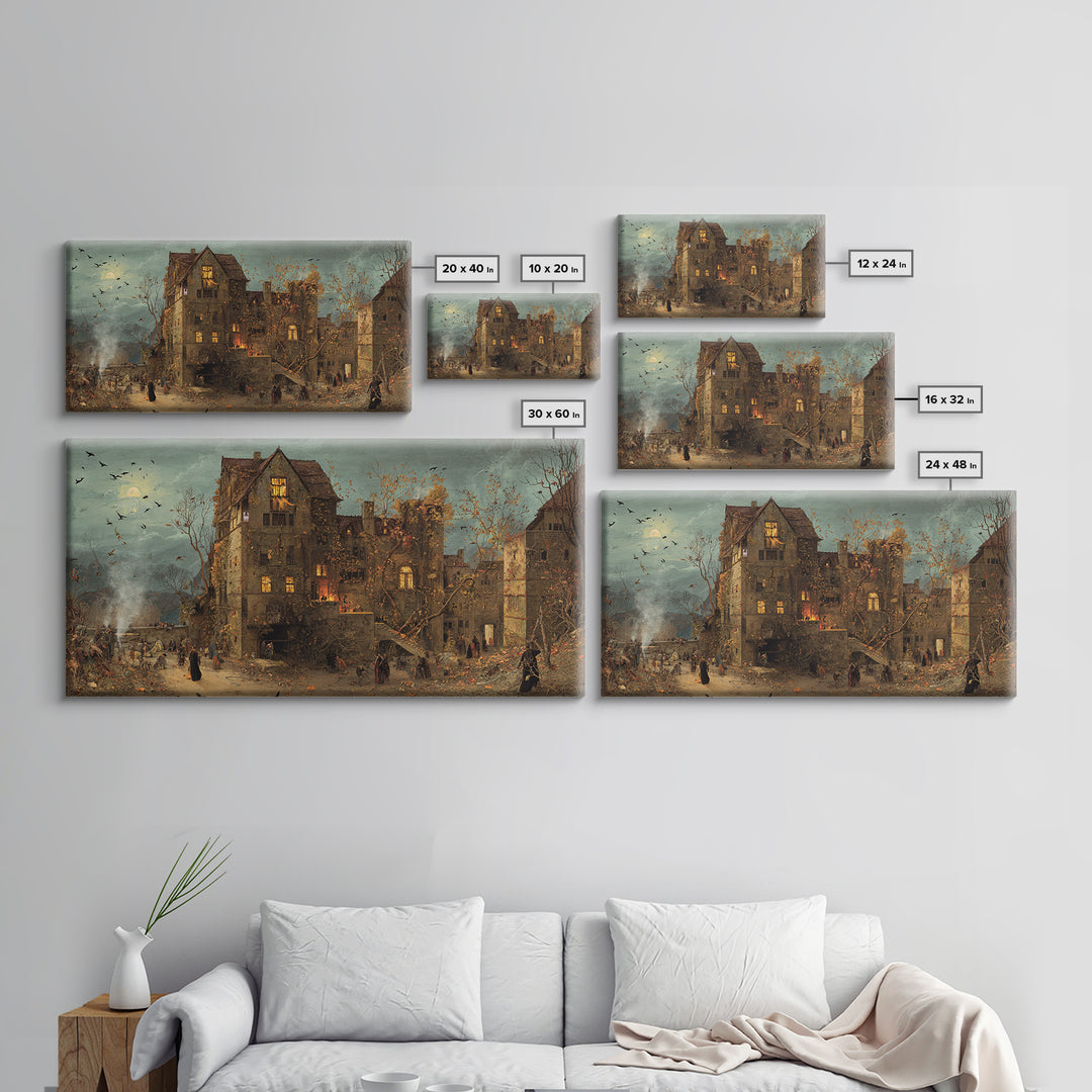 The Haunted Manor, Northern Renaissance Horror, Wide Panoramic Art, Dark Halloween Decor, Canvas Print, Halloween Wall Art