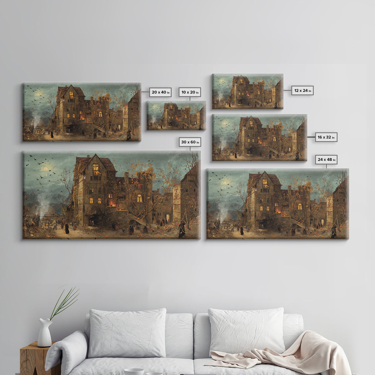 The Haunted Manor, Northern Renaissance Horror, Wide Panoramic Art, Dark Halloween Decor, Canvas Print, Halloween Wall Art
