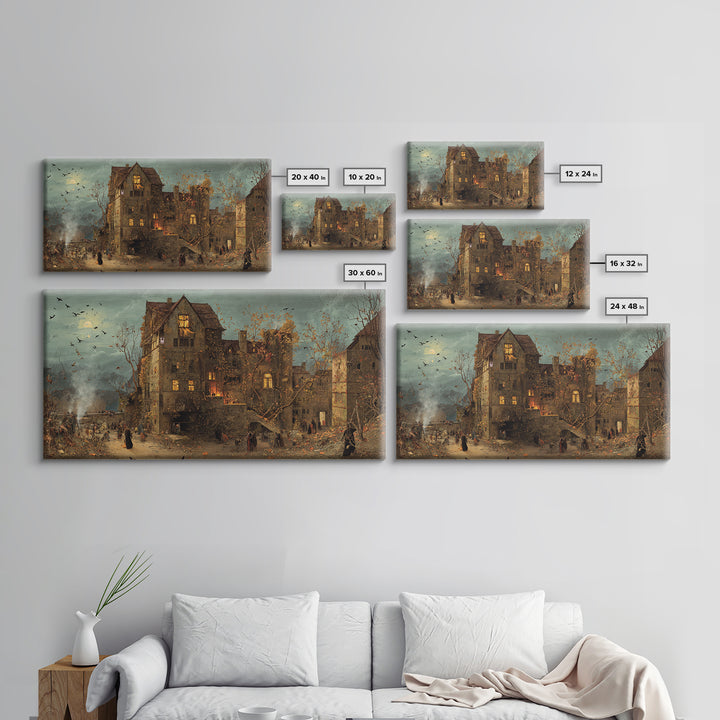 The Haunted Manor, Northern Renaissance Horror, Wide Panoramic Art, Dark Halloween Decor, Canvas Print, Halloween Wall Art