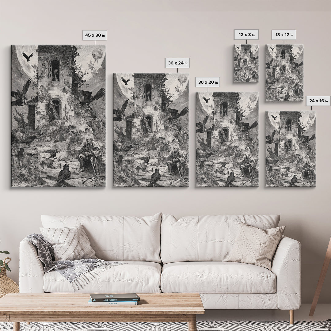 The Haunted Manor, Renaissance Engraving Art, Vertical Wall Art, Macabre Wall Art, Canvas Print, Halloween Wall Art, Spooky Wall Decor