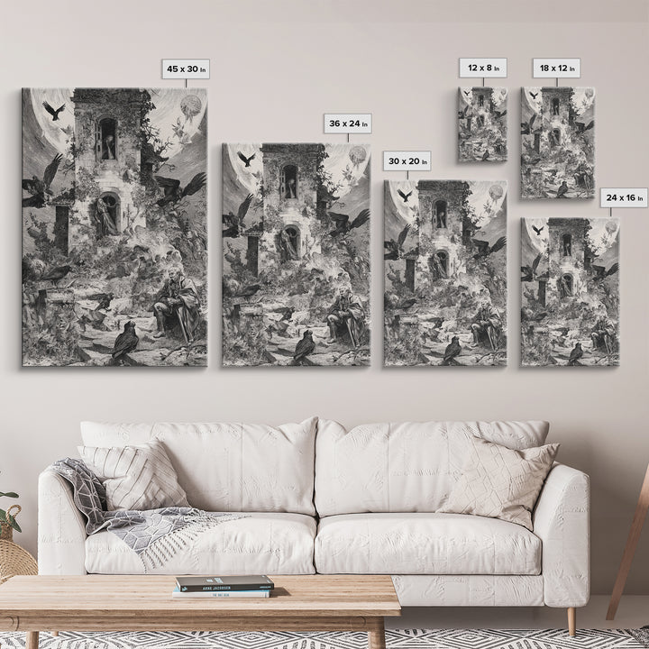 The Haunted Manor, Renaissance Engraving Art, Vertical Wall Art, Macabre Wall Art, Canvas Print, Halloween Wall Art, Spooky Wall Decor