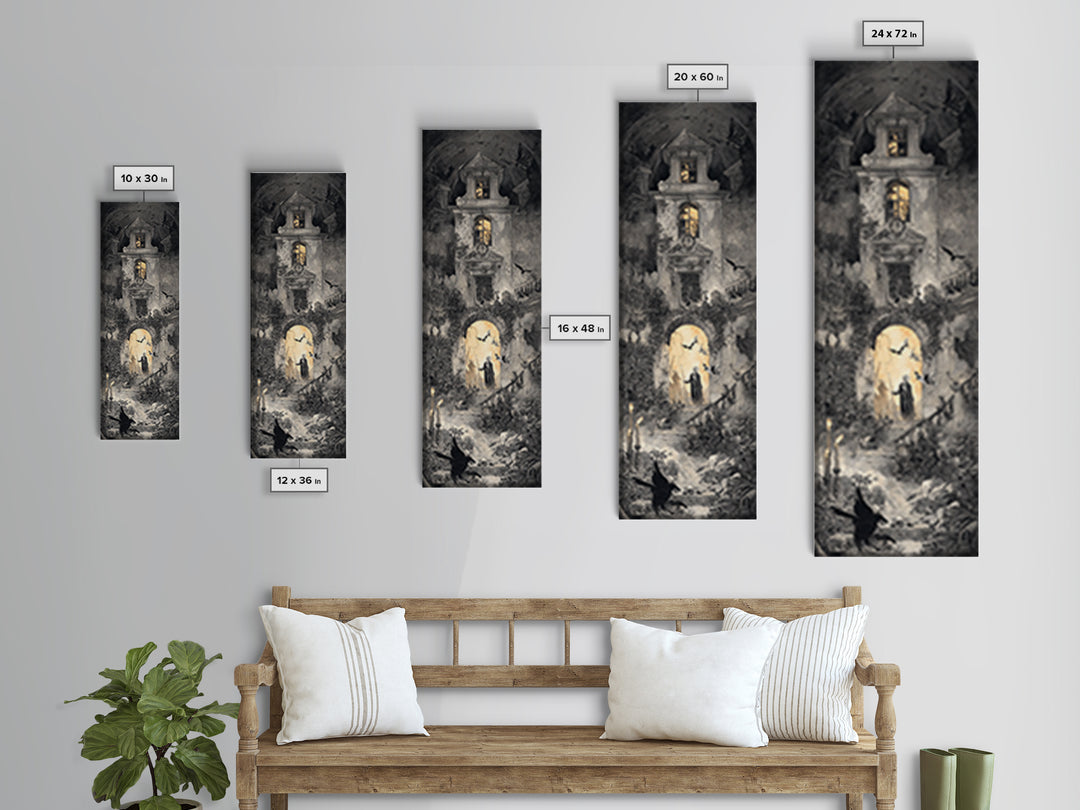 The Haunted Manor, Architectural Etching Art, Tall Narrow Wall Art, Dark Fantasy Wall Art, Canvas Print, Halloween Wall Art