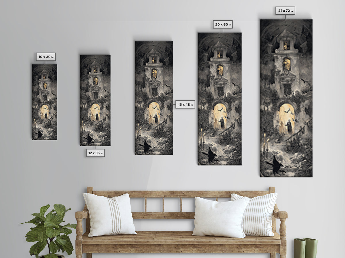 The Haunted Manor, Architectural Etching Art, Tall Narrow Wall Art, Dark Fantasy Wall Art, Canvas Print, Halloween Wall Art