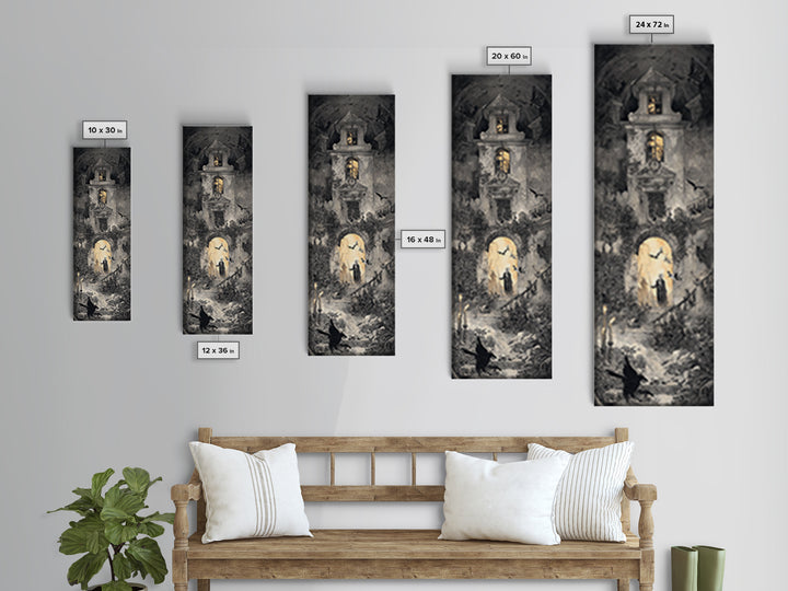 The Haunted Manor, Architectural Etching Art, Tall Narrow Wall Art, Dark Fantasy Wall Art, Canvas Print, Halloween Wall Art