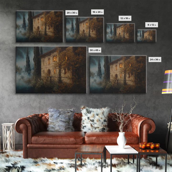 The Haunted Manor, Symbolist Gothic Landscape, Landscape Wall Art, Dark Fantasy Wall Art, Framed Canvas Print, Halloween Wall Art