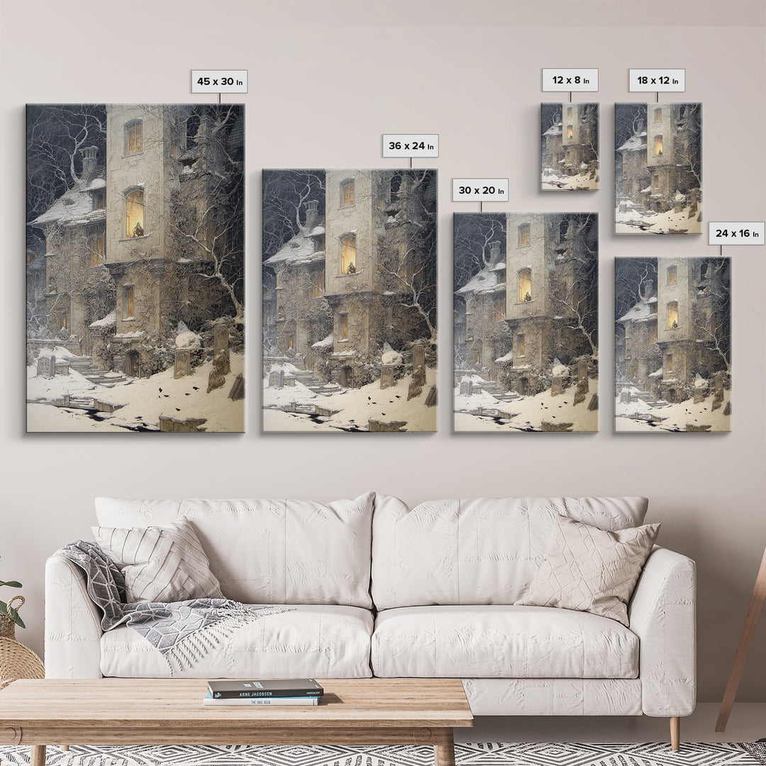 The Haunted Manor, Symbolist Death Art, Vertical Wall Art, Dark Fantasy Wall Art, Canvas Print, Halloween Wall Art