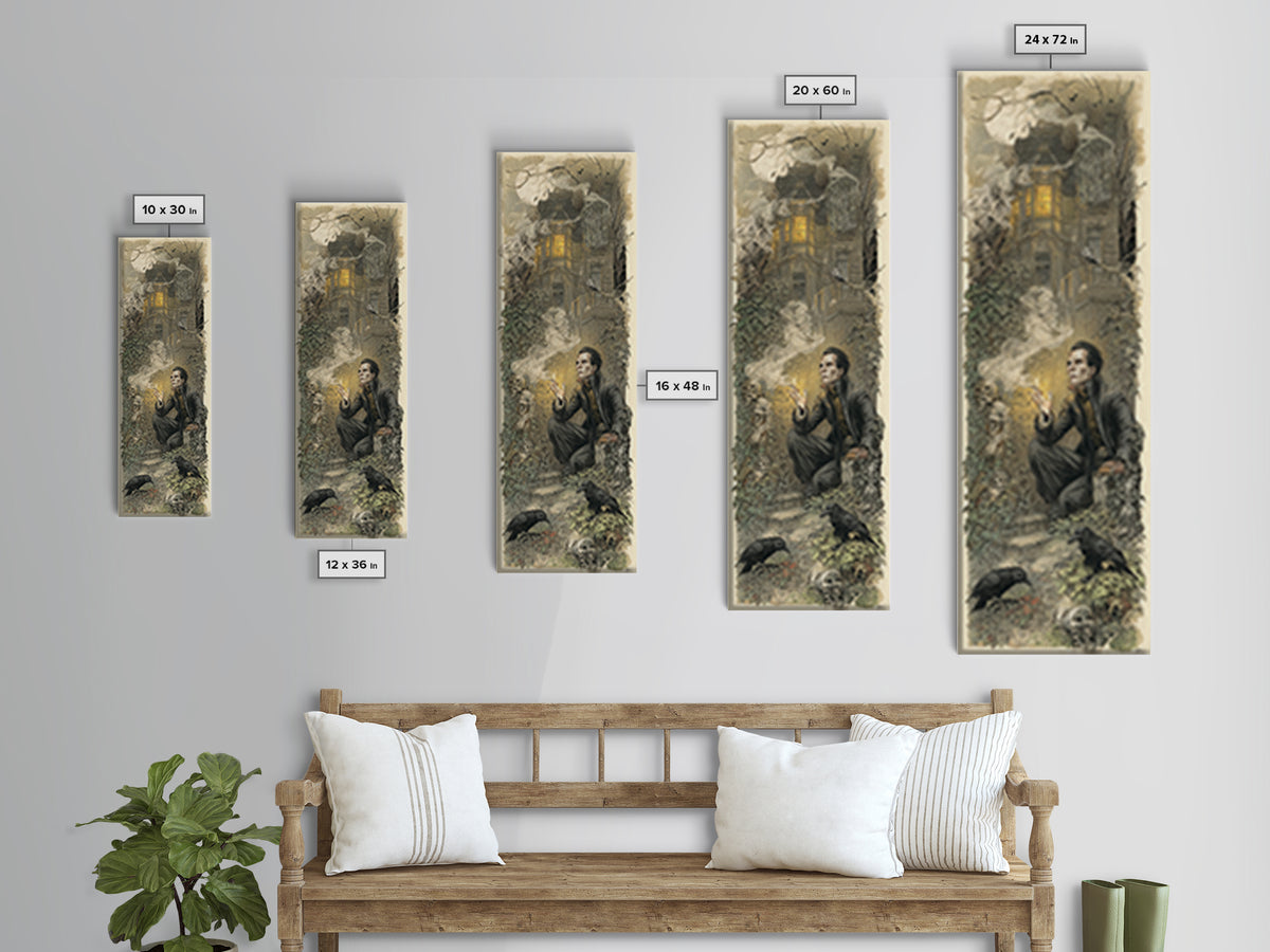 The Haunted Manor, Symbolist Etching Art, Tall Narrow Wall Art, Dark Fantasy Wall Art, Framed Canvas Print, Halloween Wall Art