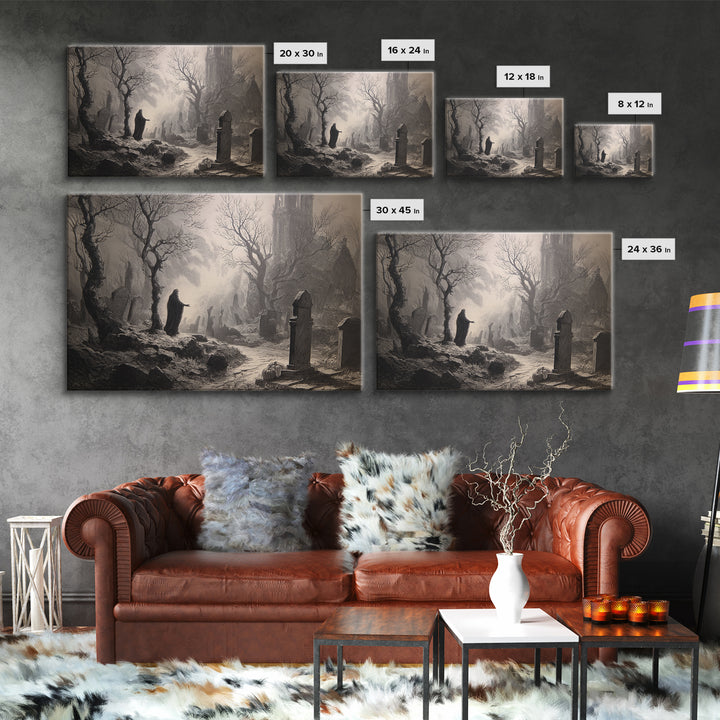 The Moonlit Cemetery, Gothic Engraving Art, Landscape Wall Art, Gothic Horror Wall Art, Canvas Print, Halloween Wall Art