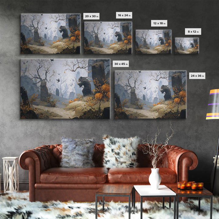 The Moonlit Cemetery, Medieval Grotesque Art, Landscape Wall Art, Macabre Wall Art, Framed Canvas Print, Halloween Wall Art