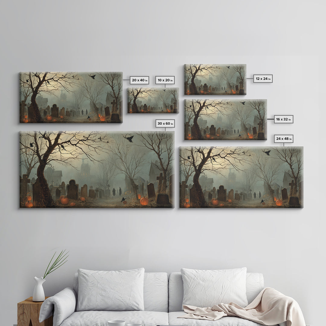 The Moonlit Cemetery, Northern Renaissance Horror, Wide Panoramic Art, Gothic Horror Wall Art, Framed Canvas Print