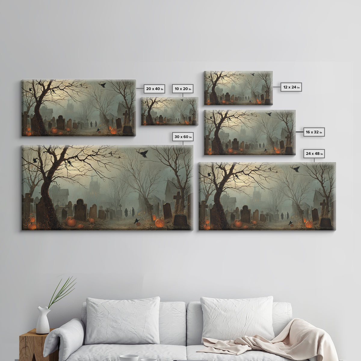 The Moonlit Cemetery, Northern Renaissance Horror, Wide Panoramic Art, Gothic Horror Wall Art, Framed Canvas Print