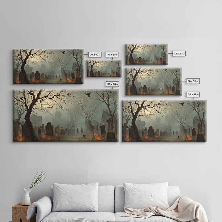 The Moonlit Cemetery, Northern Renaissance Horror, Wide Panoramic Art, Gothic Horror Wall Art, Framed Canvas Print