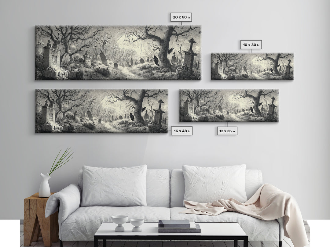 The Moonlit Cemetery, Renaissance Engraving Art, Extra Wide Wall Art, Macabre Wall Art, Canvas Print, Halloween Wall Art, Dark Fantasy Art