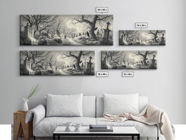 The Moonlit Cemetery, Renaissance Engraving Art, Extra Wide Wall Art, Macabre Wall Art, Canvas Print, Halloween Wall Art, Dark Fantasy Art