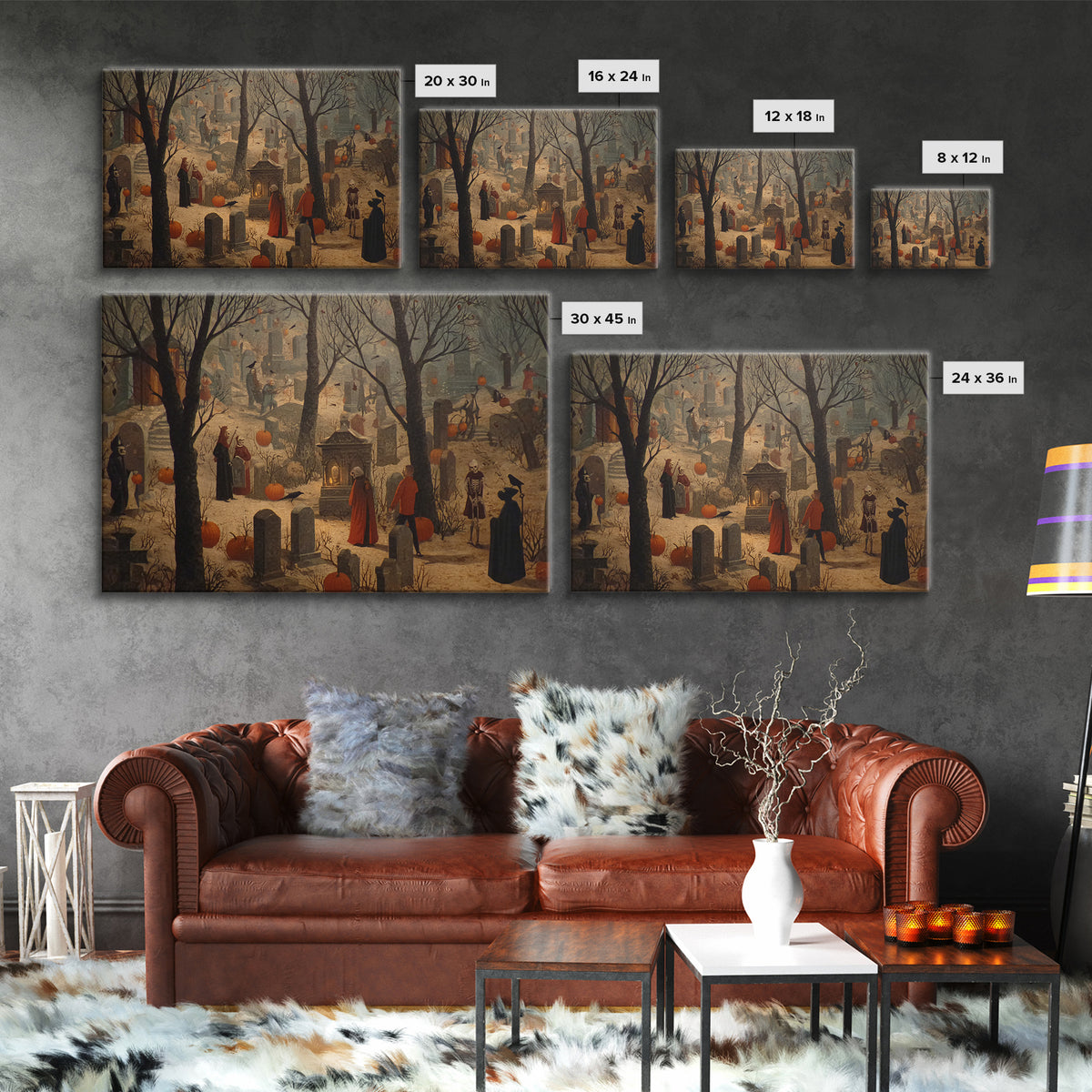 The Moonlit Cemetery, Danse Macabre Art, Landscape Wall Art, Macabre Wall Art, Framed Canvas Print, Halloween Wall Art